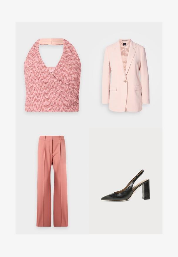Blazer rose clair au design structuré, avec un bouton doré unique, deux poches avant et un intérieur doublé. Coupe ajustée avec des revers aigus.; Haut halter rose clair en tissu tricoté texturé avec un design enroulé, comportant une bande beige douce à l'arrière pour un ajustement sûr.; Pantalons roses à jambes larges en matériau lisse, avec des plis sur le devant, une taille haute et une coupe épurée sans poches visibles.; Chaussure slingback en cuir noir à bout pointu avec un talon bloc haut et une doublure intérieure beige sur un fond clair uni.