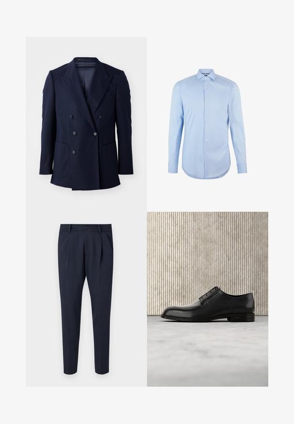 Blazer azul marino de doble botonadura, con tejido texturizado, solapas en pico, dos grandes bolsillos frontales y seis botones negros.; Camisa de manga larga azul claro confeccionada en algodón, con cuello de punta, botones en la parte frontal y dobladillo redondeado. Textura suave sin patrones.; Pantalones de marina hechos de tejido suave, con pliegues, cierre de cremallera y botón, bolsillos laterales y un diseño de pierna ajustada.; Zapato de vestir de cuero negro con punta redondeada, textura suave, costuras mínimas y suela plana con un sutil logo en el tacón.