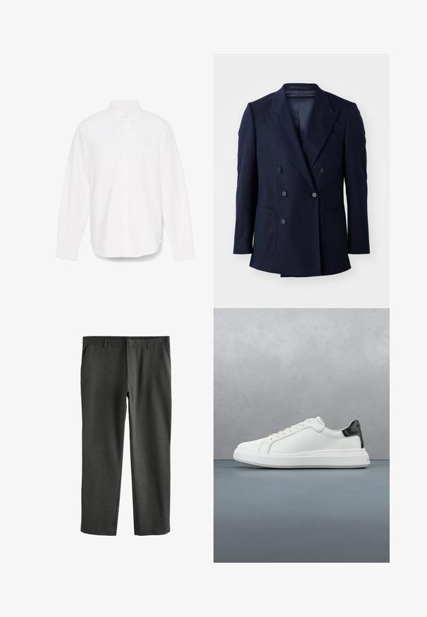 Marineblaues Doppelreiher-Blazer aus strukturiertem Stoff, mit angeschnittenen Revers, zwei großen Fronttaschen und sechs schwarzen Knöpfen.; Weißes Hemd mit langen Ärmeln, Knopfverschluss und spitzem Kragen, mit einer einzelnen Tasche und einem dezent strukturierten Stoff. Mit Button-Manschetten und geradem Saum.; Anthrazitgraue Hose aus strukturiertem Stoff, mit geradem Bein-Design, Standardtaschen und flachem Bund. Keine sichtbaren Marken oder Akzente.; Weiße Sneaker mit einem glatten Obermaterial aus Leder und einem kontrastierenden schwarzen Fersenakzent. Ausgestattet mit flachen Schnürsenkeln und einer strukturierten Gummisohle.