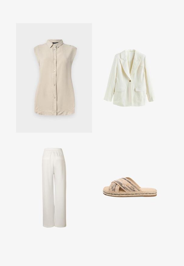 Blazer à manches longues, blanc cassé, à un seul bouton, avec des revers crantés et deux poches à rabat à l'avant.; Chemise sans manches beige clair avec un devant boutonné, un col pointu et un ourlet arrondi. Fabriquée dans un tissu doux et texturé.; Pantalon blanc à jambes larges avec taille élastique et deux poches arrière passepoilées, présenté de dos sur un fond blanc uni.; Mule tissée beige avec brides croisées, semelle intermédiaire en jute tressé et semelle extérieure en caoutchouc plat.