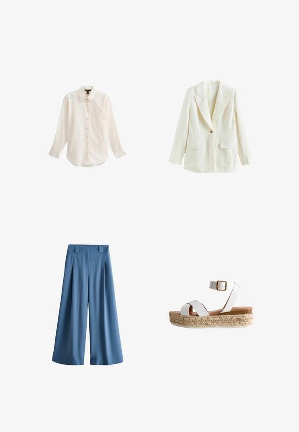Effen, langärmelig, gebroken-witte blazer met inzetsplitse revers en twee voorzakken met klep.; Lichtgekleurde, langmouwige blouse met knopen, voorzien van een kraag, een enkele borstzak en een zachte textuur met een licht gebogen zoom.; Wijde blauwe broek met riemlussen, voorplooien en een hoge taille, getoond tegen een witte achtergrond.; Witte sleehak sandaal met enkelbandje, gevlochten jute plateauzool en gouden gesp op een witte achtergrond.