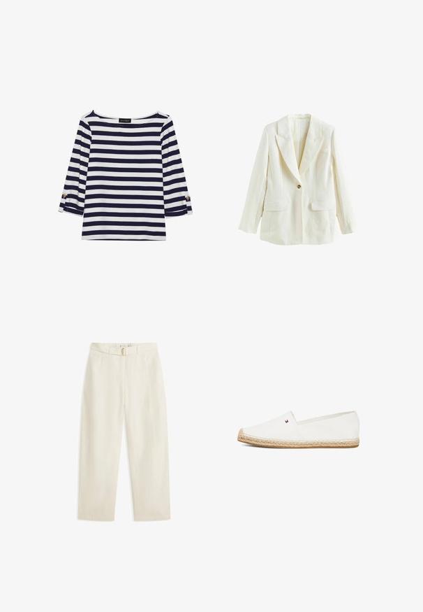 Blazer à manches longues, blanc cassé, à un seul bouton, avec des revers crantés et deux poches à rabat à l'avant.; Haut rayé bleu marine et blanc à manches longues avec un col bateau et des accents de boutons dorés sur les manches retroussées. Tissu doux, coupe décontractée.; Pantalon large couleur crème avec passants de ceinture et une ceinture assortie en tissu, ornée d'une boucle ovale dorée.; Espadrille à enfiler en toile blanche avec semelle en jute tissé, coutures contrastantes et petit détail de logo sur le côté.