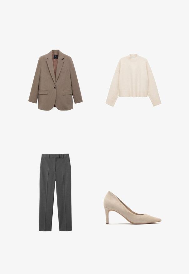 Brun ternet blazer med enkelt knaplukning, notch lapels, to forlommer og en kontrasterende indvendig foring. Skræddersyet pasform.; Cremefarvet pullover trøje lavet af blødt stof, med høj hals, sænket skuldre og en cropped design med ribbede kanter.; Grå skræddersyede bukser med et stribet mønster, glat front og bæltestropper. Fremstillet af et glat stof med en klassisk straight-leg pasform.; Beige ruskind højhælede sko med spids tå og en 7 cm hæl. Glat tekstur, minimalistisk design og en strømlinet silhuet.