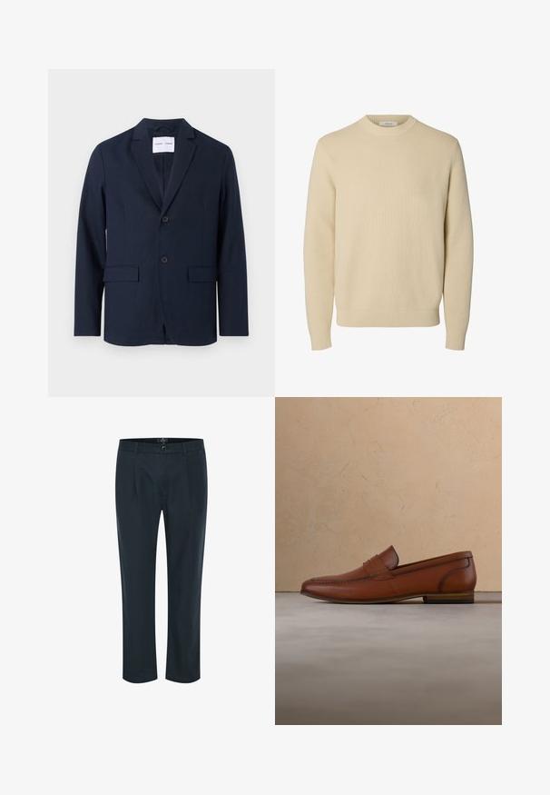 Marineblå blazer lavet af glat stof, med en klapkrave, to-knap front og to frontlommer til praktisk brug.; Enkel beige crewneck striktrøje med lange ærmer og ribstrikkede manchetter og kant.; Mørkeblå bukser med lige snit, knaplukning, frontfolder og to sidelommer; lavet af et glat, let materiale.; Brun læderloafer, der svæver over et beige tæppe med en sløret lys brun sofa i baggrunden.