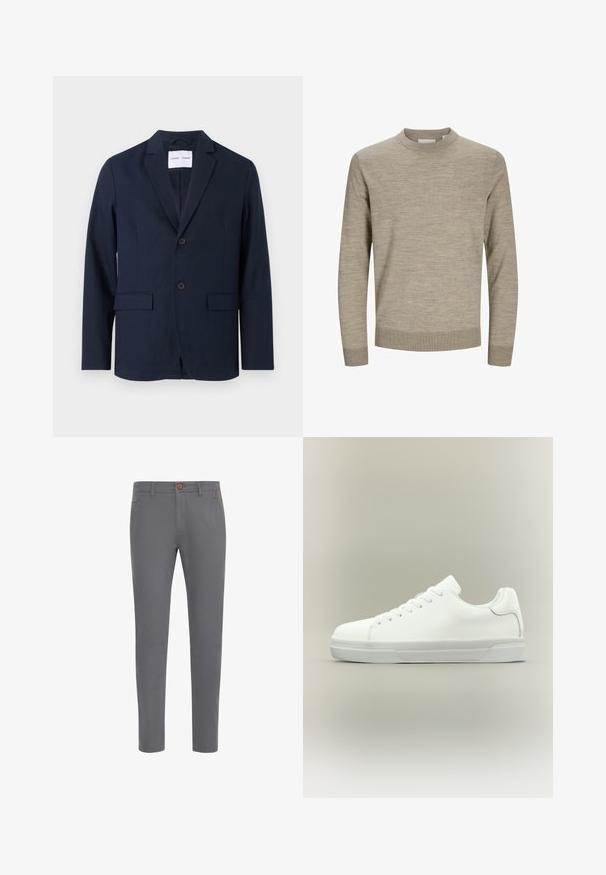 Marineblå blazer lavet af glat stof, med en klapkrave, to-knap front og to frontlommer til praktisk brug.; Beige langærmet rundhalset sweater med ribstrikkede ærmekanter og kant, vist på hvid baggrund.; Grå bomuldsbukser med et tætsiddende design, der har en knaplukning, standardlommer og en glat tekstur.; Hvid lavtop sneaker med snørelukning foran, polstret krave og tekstureret gummisål, vist i sidelayout på neutral baggrund.