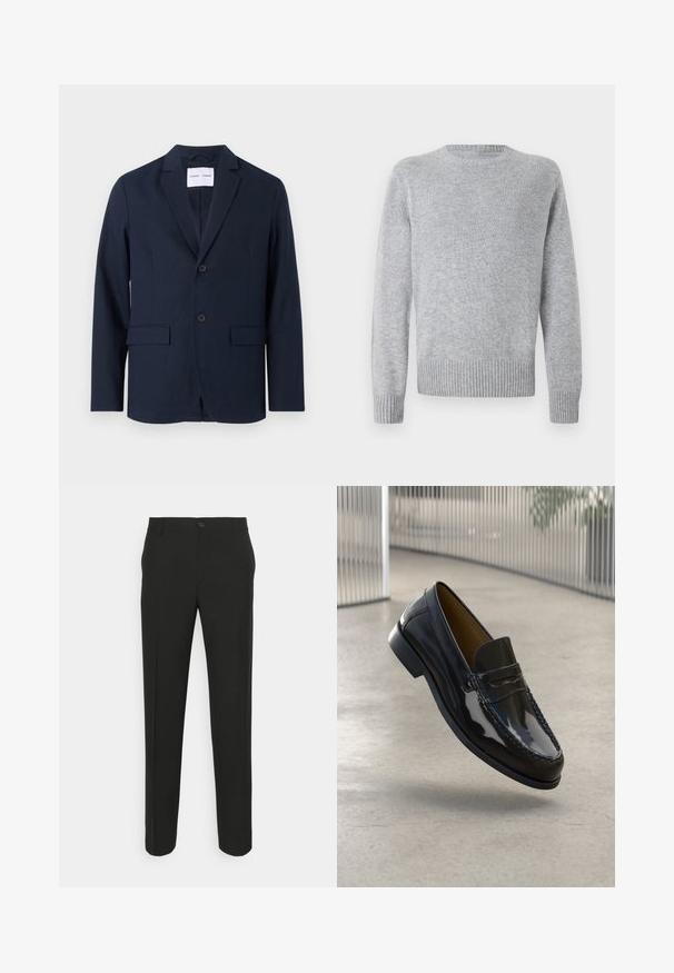 Marineblå blazer laget av glatt stoff, med notched lapel, to-knapps front og to frontlommer for nytte.; Lysegrå genser laget av mykt strikket stoff, med klassisk rund hals, ribbede mansjetter og en ribbet kant for ekstra tekstur.; Svarte skreddersydde bukser med rett snitt, med en enkelt knappåpning og beltehemper. Glatt, mattsvart stoff utan mønster.; Svart lakkert skinnloafers med sydd akcent, rund tå, lav hæl og glatt overflate, avbildet mot en nøytral bakgrunn.