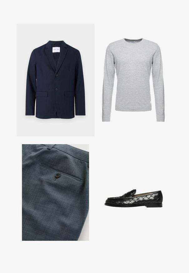 Marineblå blazer lavet af glat stof, med en klapkrave, to-knap front og to frontlommer til praktisk brug.; Lys grå sweater, lange ærmer, rund hals, blød tekstur, minimalistisk design, lille logomærke på den nederste venstre søm.; Nærbillede af mørkegrå teksturerede bukser med baglomme, enkelt sort knap og bæltestrop ovenover.; Sorte læderloafers med vævet tekstur, rund tå og flad gummisål. Har en dekorativ rem tværs over vristen.