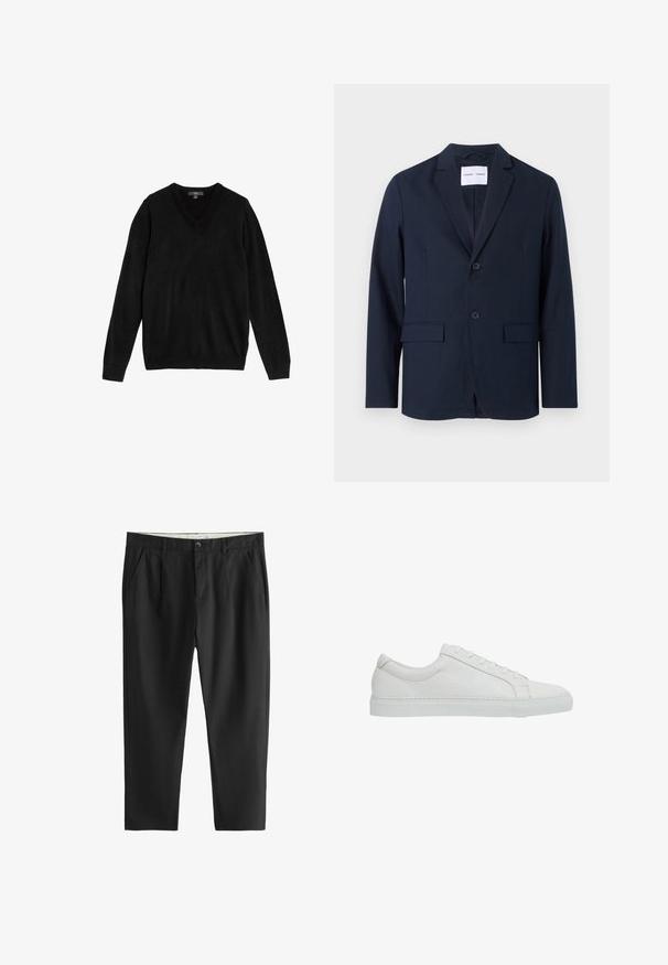 Marineblauer Blazer aus glattem Stoff, mit Reverskragen, zweiknöpfigem Verschluss und zwei Fronttaschen für zusätzlichen Nutzen.; Schwarzer V-Ausschnitt-Pullover aus weichem, gestricktem Stoff. Lange Ärmel, gerippte Bündchen und Saum, schlichtes Design ohne Muster oder Akzente.; Schwarze, gerade geschnittene Stoffhosen mit Gürtelschlaufen, Knopfverschluss, seitlichen Taschen und vorderen Falten, flach auf weißem Hintergrund dargestellt.; Reiss REGULAR FIT - LUCA TUMBLED - Sneaker low - white