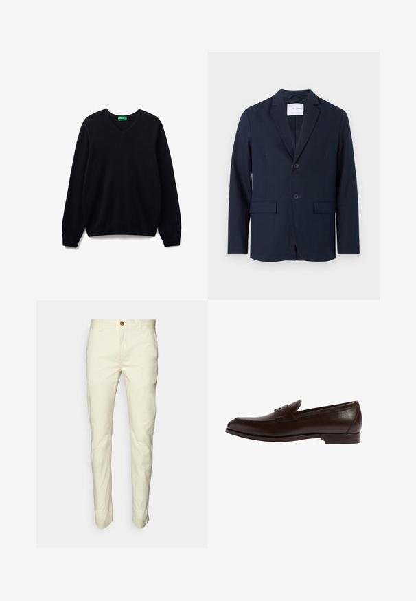 Navy blauwe blazer van gladde stof, met een gelapte revers, een twee-knopen front en twee frontzakken voor extra functionaliteit.; Zwarte v-hals trui van zacht materiaal, met lange mouwen en geribde manchetten en zoom. Eenvoudig ontwerp zonder extra patronen of accenten.; Lichtbeige chinos met een rechte pasvorm, gemaakt van katoen, voorzien van een knoopsluiting en voorzakken. Gladde textuur, minimale details.; Bruine leren loafers met een ronde neus, gestikte details en een discrete bandaccent. Slank profiel met een platte rubberen zool.