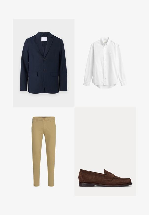 Blazer bleu marine en tissu lisse, avec un col cranté, un devant à deux boutons et deux poches avant pour plus de praticité.; Chemise blanche à manches longues boutonnée avec col et petit logo brodé sur la poitrine gauche, présentée sur un fond uni.; Chinos beige slim-fit avec fermeture par bouton et zip, poches avant inclinées et passants de ceinture, présentés sur fond blanc.; Mocassin penny en daim marron avec un petit talon et des coutures visibles le long de l'orteil, du côté et à l'arrière, présenté sur un fond clair uni.