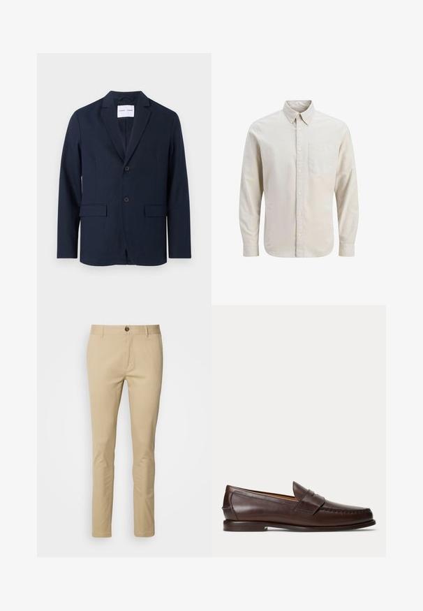 Navy blauwe blazer van gladde stof, met een gelapte revers, een twee-knopen front en twee frontzakken voor extra functionaliteit.; Lichtbeige overhemd van katoen met lange mouwen, voorzien van een button-down kraag, een borstzak en een klassieke pasvorm met knoopsluiting.; Beige chinos met een slim fit, gemaakt van katoen. Kenmerken zijn een knoopsluiting, riemlussen en subtiele stiksels op de zakken.; Donkerbruine leren penny loafer met stikseldetails en lage gestapelde hak, van opzij gezien op een effen achtergrond.
