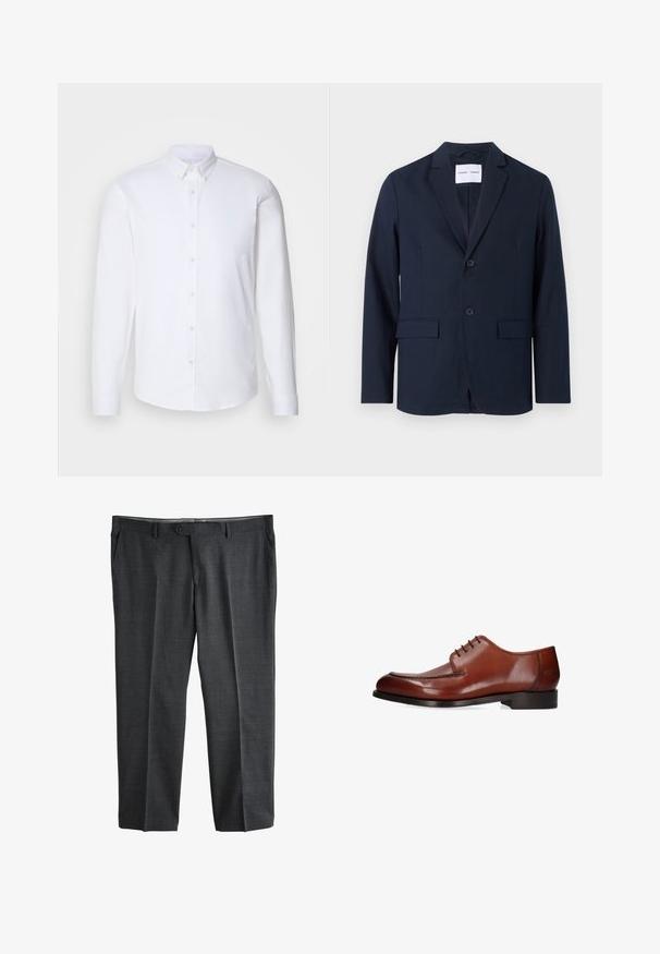 Marineblauer Blazer aus glattem Stoff, mit Reverskragen, zweiknöpfigem Verschluss und zwei Fronttaschen für zusätzlichen Nutzen.; Weißes Hemd mit langen Ärmeln und Knopfleiste aus glattem Stoff, mit klassischem Kragen, acht Knöpfen auf der Vorderseite und normalen Manschetten.; Dunkelgraue formelle Anzughose mit vorderer Knopf- und Reißverschluss, Gürtelschlaufen und Seitentaschen, flach auf einem weißen Hintergrund präsentiert.; Brauner Herrenschuh aus Leder mit Schnürung vorne, Mokassin-Naht und niedrigem schwarzem Absatz, dargestellt in Seitenansicht von rechts.