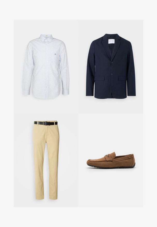 Navy blauwe blazer van gladde stof, met een gelapte revers, een twee-knopen front en twee frontzakken voor extra functionaliteit.; Lichtblauw geruit overhemd met knopen, lange mouwen, kraag en klein logo op de borst. Gemaakt van katoen, met een gladde textuur.; Beige katoenenbroek met een recht gesneden ontwerp, vastgezet met een zwarte leren riem met een zilveren gesp.; Bruine suède instappers met een flexibele zwarte rubberen zool, gestikte details op de bovenkant en een klassiek instapontwerp.