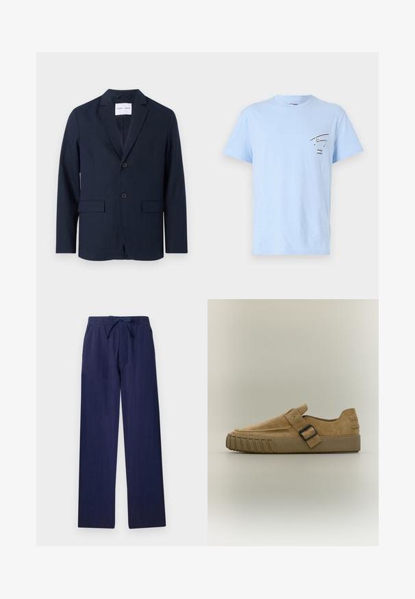 Blazer bleu marine en tissu lisse, avec un col cranté, un devant à deux boutons et deux poches avant pour plus de praticité.; T-shirt en coton bleu clair à manches courtes, col ras du cou, avec un texte graphique noir et des accents sur la partie gauche de la poitrine.; Pantalons larges bleu marine fabriqués en tissu léger. Dotés d'une taille élastique avec cordon de serrage et de poches latérales. Texture lisse.; Chaussure à enfiler en daim couleur camel avec une semelle épaisse en caoutchouc et une bride avec boucle noire sur le dessus, vue de côté sur fond uni.