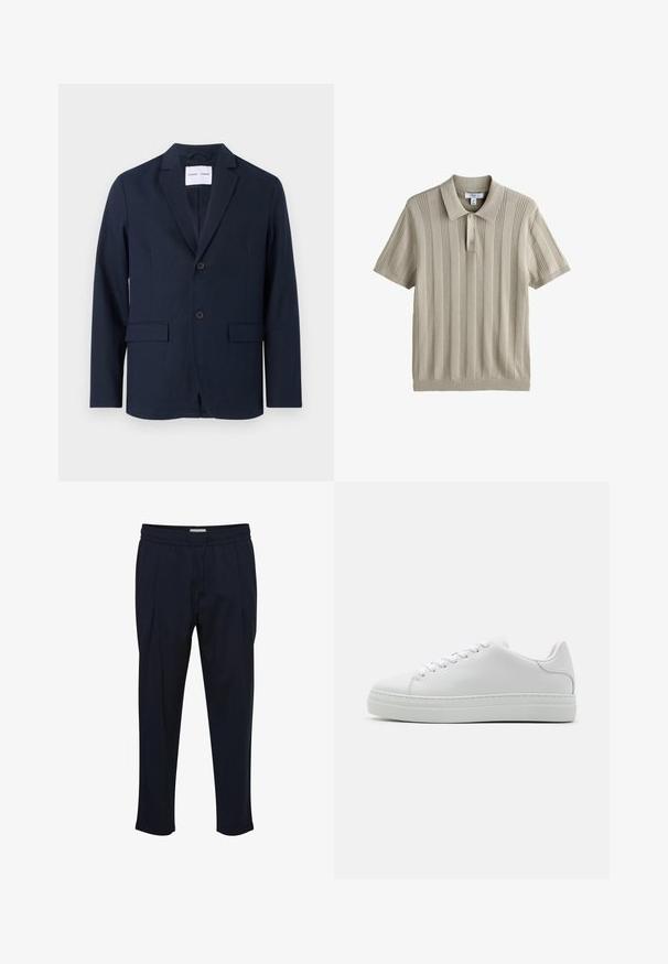 Marineblå blazer lavet af glat stof, med en klapkrave, to-knap front og to frontlommer til praktisk brug.; Beige strikket polo med korte ærmer, lodret ribstrikket tekstur og tre knapper ved kraven, størrelse medium.; Marineblå skræddersyede bukser med snoretræk i taljen, plisseret front og tætsiddende ankler. Fremstillet af et glat, let materiale.; Hvide lædersneakers med en chunky platformsål, rund tå og seks snørehuller. Glat tekstur med subtile syninger.