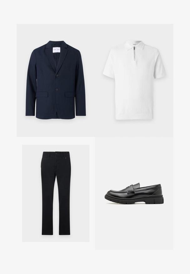 Marineblå blazer lavet af glat stof, med en klapkrave, to-knap front og to frontlommer til praktisk brug.; Hvid kortærmet polo shirt med et struktureret strik, der har en lynlås krave og ribbet kant. Rent design velegnet til afslappet brug.; Sorte bomuldsbukser med lige snit, der har knap- og lynlåsclosure, fem lommer og diskrete syninger.; Sort læder loafersko med en bred rem over forfoden, gummisål med tykke mønstre og glat overflade. Klassisk, slankt design.