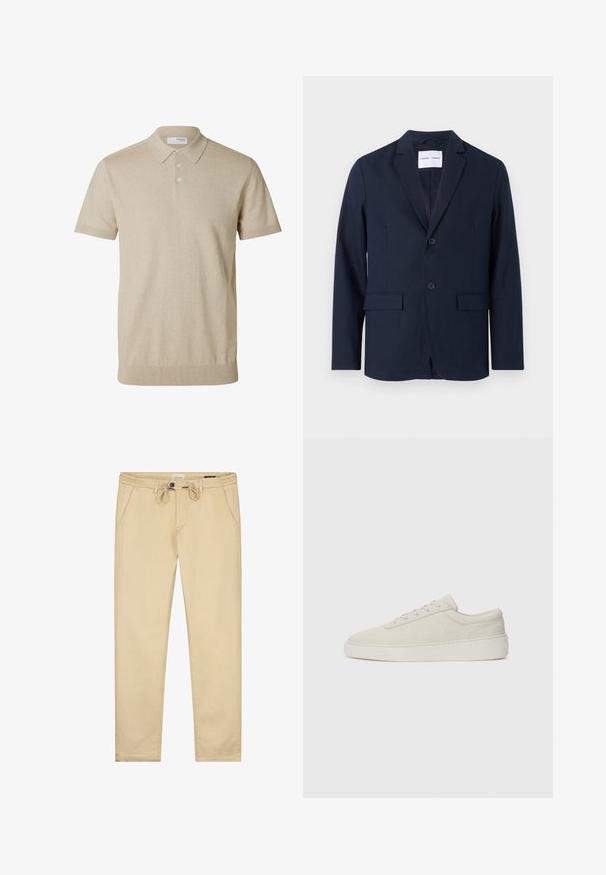 Blazer bleu marine en tissu lisse, avec un col cranté, un devant à deux boutons et deux poches avant pour plus de praticité.; Polo beige à manches courtes avec col et trois boutons, bords côtelés aux manches et à l'ourlet, tissu en maille unie.; Pantalon en coton beige avec une taille à cordon, poches latérales et une coupe droit. Texture lisse avec un minimum de détails.; Baskets beiges avec une finition en daim lisse, bout rond et semelle en caoutchouc plate. Présentent un système de laçage et un design minimaliste avec des coutures discrètes.