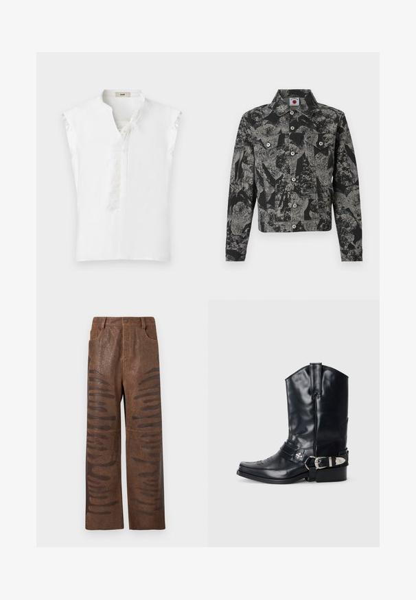 Veste en jean noire et grise avec un motif abstrait, fermeture à boutons, deux poches avant et un col pointu. Tissu texturé.; Blouse blanche sans manches avec bordure en plumes le long de l'encolure avant et col en V légèrement arrondi, présentée sur un fond uni.; Pantalons en simili cuir marron avec une finition texturée, dotés de découpes horizontales allongées le long des côtés et d'un design à jambes droites.; Botte de cowboy en cuir noir avec un bout pointu, une tige haute, des coutures décoratives et une quincaillerie en argent sur la sangle. Fini texturé.