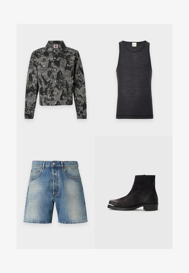 Veste en jean noire et grise avec un motif abstrait, fermeture à boutons, deux poches avant et un col pointu. Tissu texturé.; Débardeur noir sans manches en matériau léger, avec un col rond et une texture subtile, doté d'un détail d'ourlet contrasté.; Shorts en denim avec une teinte bleu clair, un design classique à cinq poches, des surpiqûres contrastantes et une coupe droite avec un ourlet effiloché.; Bottine noire en matériaux en daim et cuir, à bout rond, petit talon, accent métallique argenté sur le bout et panneaux latéraux élastiques.