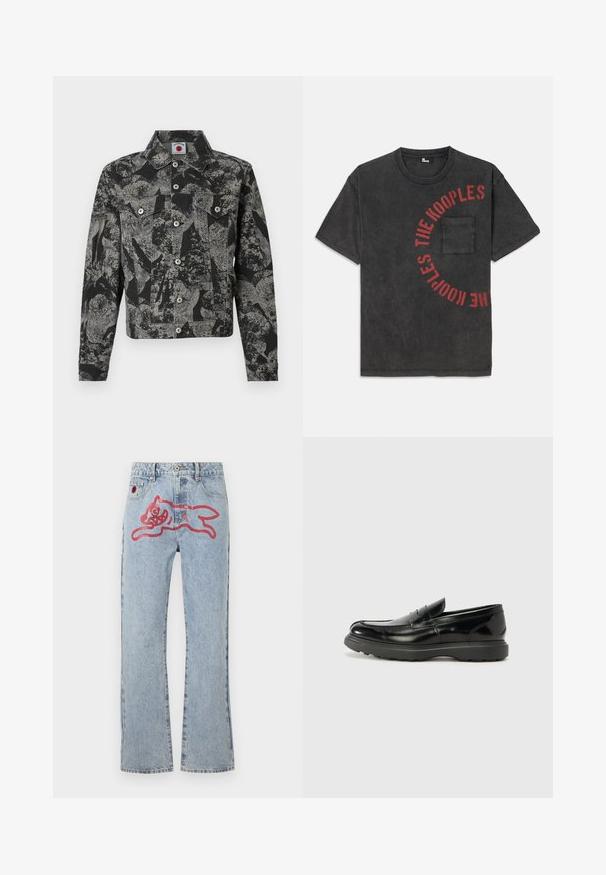 Sort og grå denimjakke med abstrakt mønster, knaplukning, to frontlommer og spidst krave. Tekstureret stof.; Sort bomulds T-shirt med en rund grafisk tekst i rød, der står "THE KOOPLES", med en frontlomme og en afslappet pasform.; Lyseblå denimjeans med lige ben, med et stort rød, tegneserieagtigt kattegrafik på bagsiden og traditionel fem-lomme styling.; Sort læderloafer med en blank finish, rund tå, subtile syninger og en tyk gummisål for holdbarhed.