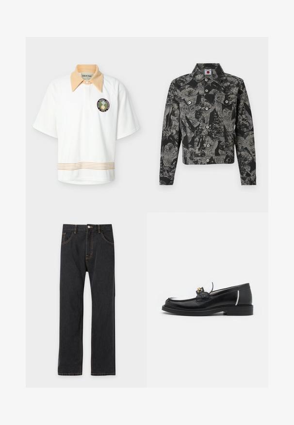 Veste en jean noire et grise avec un motif abstrait, fermeture à boutons, deux poches avant et un col pointu. Tissu texturé.; Polo blanc à manches courtes avec col pointu beige, bordure rayée beige à l'ourlet, et écusson circulaire "HEATHE Football Federation 1978" sur la poitrine.; Jean noir droit avec des coutures orange contrastantes, bouton avant et poches sur un fond clair uni.; Mocassin en cuir noir avec un bout arrondi, des accents blancs et des détails en or sur le dessus. Présente un empiècement texturé et un talon empilé.