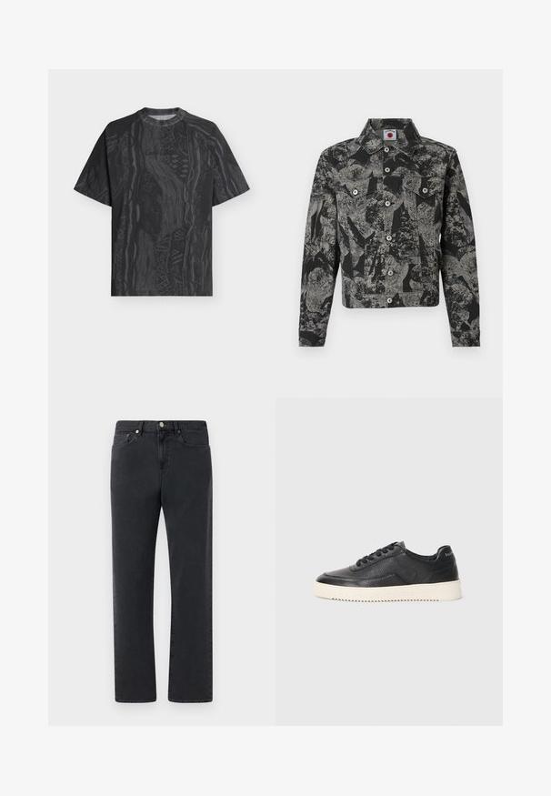 Veste en jean noire et grise avec un motif abstrait, fermeture à boutons, deux poches avant et un col pointu. Tissu texturé.; T-shirt noir à manches courtes avec col rond, motif abstrait gris foncé subtil et tissu texturé, présenté à plat sur un fond clair.; Jeans en denim noir avec une coupe droite, cinq poches et des accents en métal. Le tissu présente une finition lisse et légèrement texturée.; Baskets en cuir noir avec finition texturée, bout rond et semelle plate en caoutchouc blanc. Présentent des lacets noirs et un logo sur le talon.