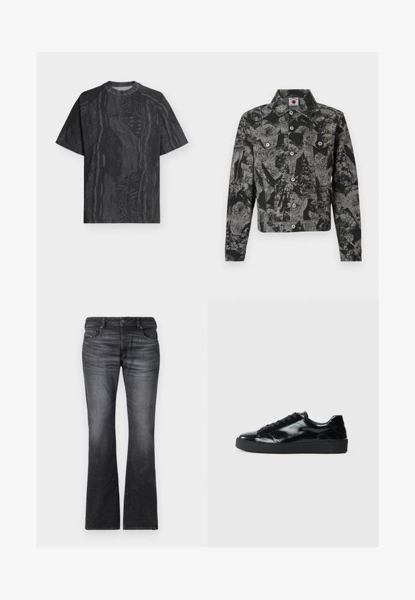 Veste en jean noire et grise avec un motif abstrait, fermeture à boutons, deux poches avant et un col pointu. Tissu texturé.; T-shirt noir à manches courtes avec col rond, motif abstrait gris foncé subtil et tissu texturé, présenté à plat sur un fond clair.; Jean noir évasé en denim, présentant un délavage, cinq poches et une fermeture à bouton à l'avant avec des détails de couture contrastants.; Baskets en cuir verni noir avec un bout arrondi, un laçage, une semelle en caoutchouc texturé et une finition lisse.