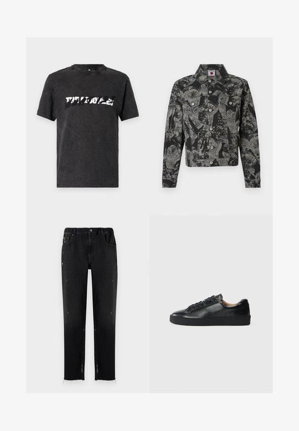 Veste en jean noire et grise avec un motif abstrait, fermeture à boutons, deux poches avant et un col pointu. Tissu texturé.; T-shirt en coton noir avec un col ras du cou, affichant un design graphique blanc audacieux et usé sur la poitrine. Manches courtes.; Jeans noirs en denim avec une taille élastique, coupe droite, détails usés et ourlet effiloché. Comprend des poches et une fermeture à bouton.; Baskets en cuir noir avec une texture lisse, bout rond et fermeture à lacets. Comprend une semelle en caoutchouc épaisse et un minimum de détails de marque.
