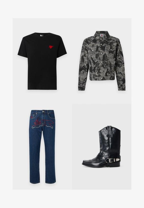 Veste en jean noire et grise avec un motif abstrait, fermeture à boutons, deux poches avant et un col pointu. Tissu texturé.; T-shirt en coton noir avec un petit design de cœur rouge et d'une flèche sur le côté gauche de la poitrine. Encolure standard à col rond avec des manches courtes.; Jean en denim bleu avec un design orné de strass rouges et argentés représentant un chien sur la poche arrière. Coupe droite.; Botte de cowboy en cuir noir avec un bout pointu, une tige haute, des coutures décoratives et une quincaillerie en argent sur la sangle. Fini texturé.