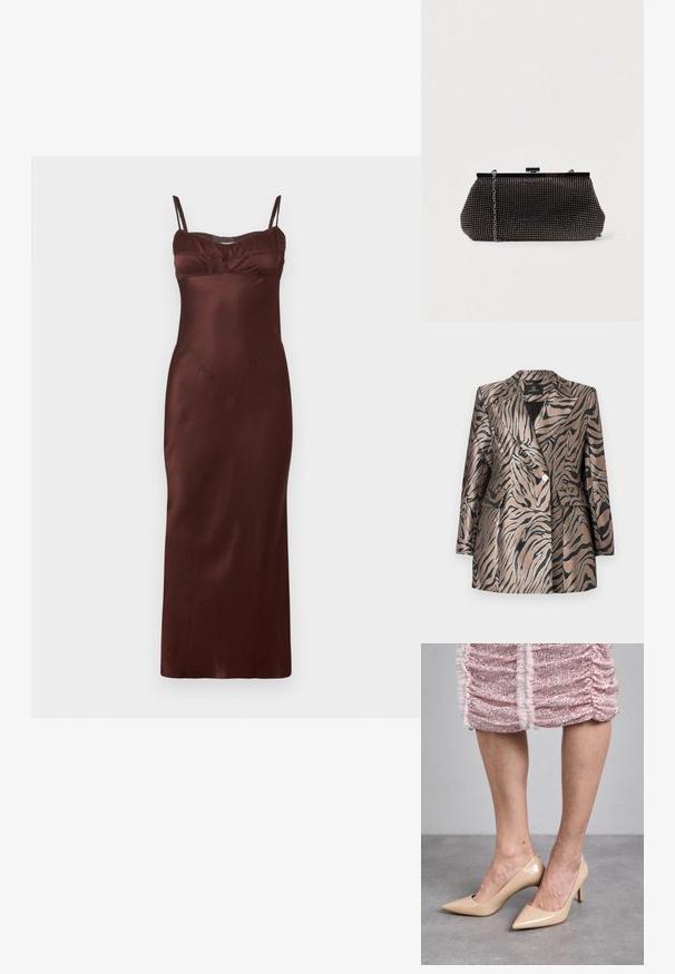 Metalická bronzová blejzer s čiernymi pruhmi zebra, s dvojradovým dizajnom, klopovým golierom a dvoma prednými vreckami.; Satin midi šaty v tmavohnedej farbe s tenkými nastaviteľnými ramienkami, priliehavým telom, zberným detailom na dekolte a hladkou textúrou.; Béžové lakované lodičky s úzkou špičkou a tenkým podpätkom. Hladký povrch s elegantným dizajnom. Nosia sa s ružovými šatami posiatymi flitrami.; Čierna sieťová kabelka s pevným siluetou, zdobená malými kovovými cvočkami, má uzáver na klip a odnímateľný reťazový popruh.