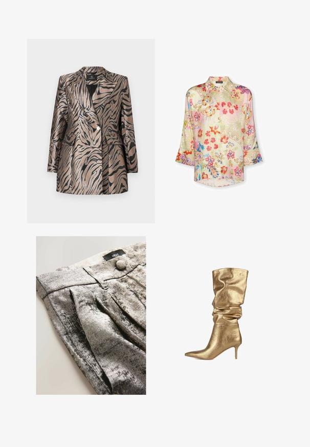 Metallisch bronzen blazer met zwarte zebraprinten, voorzien van een dubbel borstontwerp, geknipte kraag en twee voorzakken.; Overhemd met lange mouwen en knopen, met meerkleurige bloemen- en paisley-patronen in rood, roze, blauw, geel en groen op een lichte achtergrond.; Grijze metalen stof broek met een geplooid ontwerp, voorzien van een tailleband en een knoopsluiting. Gladde textuur met een reflecterende glans.; LOLA CASADEMUNT Laarzen - gold