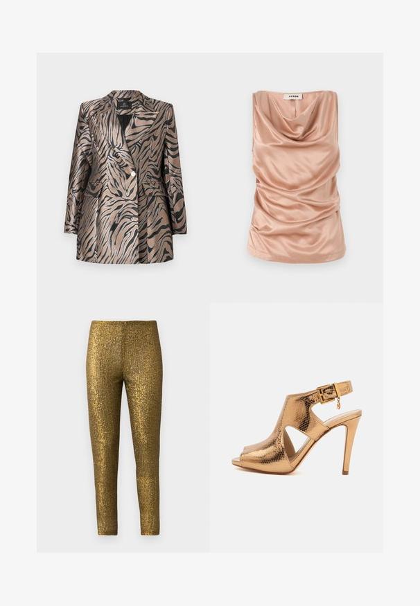Metallisch bronzen blazer met zwarte zebraprinten, voorzien van een dubbel borstontwerp, geknipte kraag en twee voorzakken.; Mouwloze top met col in zachte, lichtroze satijnen stof, met geplooide details aan de zijkanten en een rechte zoom. Voorzien van een rits aan de achterkant.; Gouden metallic legging met een getextureerd, verticaal streep patroon. De stof heeft een glanzende afwerking en een slanke, aansluitende pasvorm.; Gouden sandaal met hoge hak, getextureerd oppervlak, open neus, uitgesneden zijkanten en verstelbare enkelband met kleine charm sluiting.