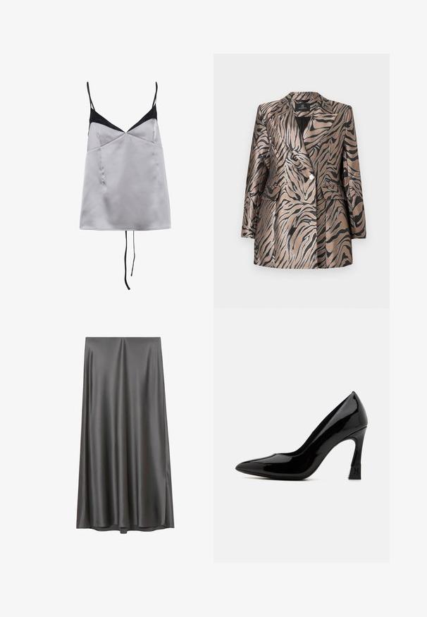 Metallic bronzefarvet blazer med sorte zebra-striber, der har et dobbeltknapdesign, klapkrave og to frontlommer.; Satin cami i lys grå med sorte accenter og tynde stropper. Har en V-hals, glat tekstur og en afslappet pasform.; Lang grå satin midi nederdel med en glat, flydende tekstur og lette naturlige folder, vist mod hvid baggrund.; Sort patentlæder højhælede sko med spids tå og blokhæln, der har et logoaccent. Glat, skinnende overfladetextur.