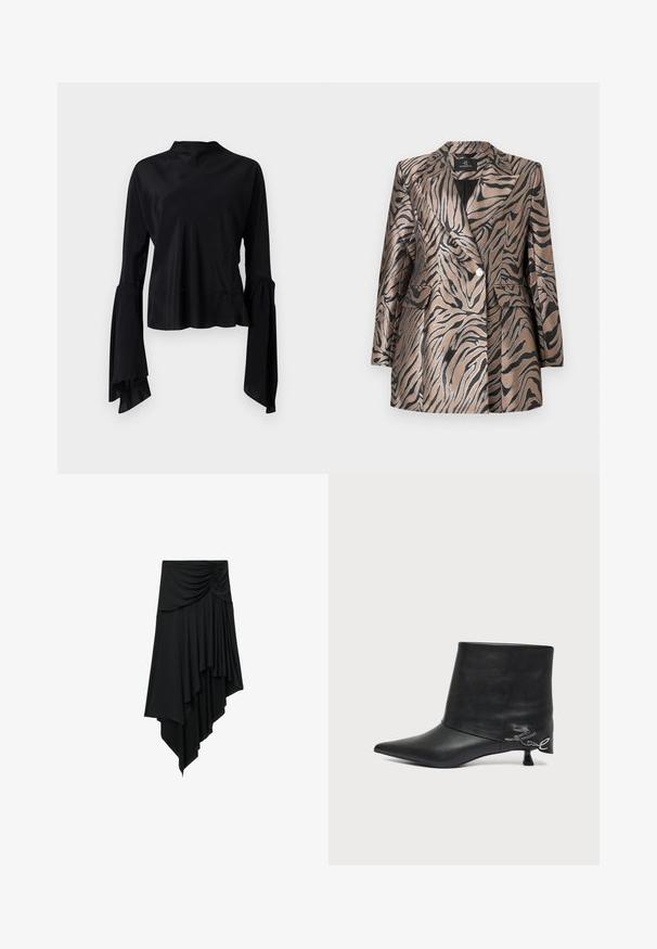Metallic bronze Blazer mit schwarzen Zebra Streifen, ausgestattet mit einem doppelt knöpfbaren Design, Reverskragen und zwei Vordertaschen.; Schwarze Bluse mit langen Ärmeln aus glattem Stoff, mit hohem Ausschnitt und ausgestellt geschnittenen Ärmeln, die am Bündchen eine Raffung aufweisen.; Schwarzer asymmetrischer Rock mit gerafftem Detail an der Taille und geschichteter Drapierung, die einen kaskadierenden Saum bildet.; Schwarzer Lederankle-Boot mit spitzer Zehe, kurzem kittenabsatz und silbernem Schriftzug in der Nähe der Ferse.