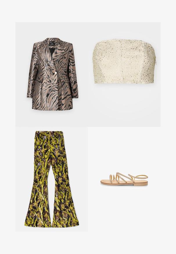 Metallic bronzefarvet blazer med sorte zebra-striber, der har et dobbeltknapdesign, klapkrave og to frontlommer.; Patrizia Pepe CAMICIA - Top - ivory/shiny gold; AKNVAS EXCLUSIVE LENNON BEADED PANT - Bukser - ink citrine; Guld flad sandal med flere krydsede stropper prydet med små klare rhinsten. Har en flad sål og åben hældesign.