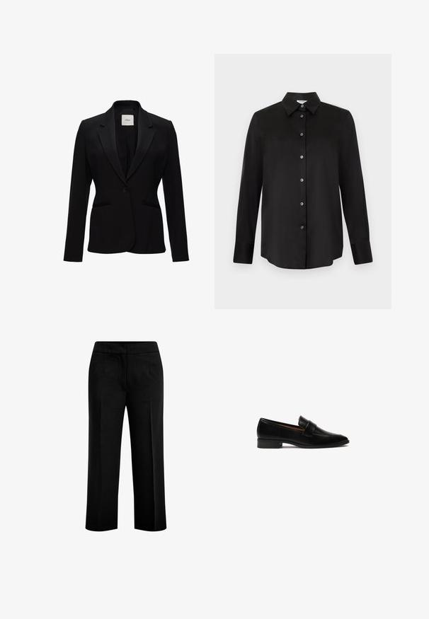 Schwarzer Blazer aus glattem Stoff, mit Reverskragen, einer Einzelknopfverschluß und zwei frontalen Taschen. Einfaches, tailliertes Design.; Schwarzes langärmliges Hemd mit spitzem Kragen und sieben Knöpfen, auf hellgrauem Hintergrund dargestellt.; Schwarze, weite Hosen aus glattem Stoff mit zwei vorderen Taschen und einem flachen Bund. Maßgeschneiderter Schnitt mit klarer Silhouette.; Schwarze Lederloafer mit flachem Absatz, ausgestattet mit einem rechteckigen Riemen über dem Vorderfuß und einer glatten, polierten Oberfläche.