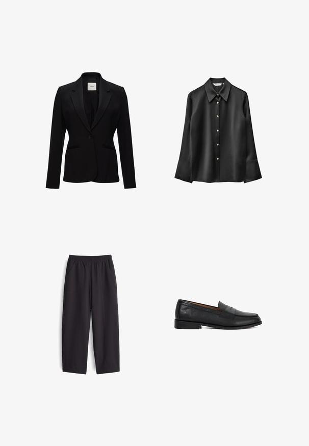 Zwarte blazer van gladde stof, met een geknikte kraag, enkele knoopsluiting en twee vo pockets. Eenvoudig, op maat gemaakt ontwerp.; Zwarte satijnen blouse met lange mouwen, een puntige kraag, een knoopsluiting aan de voorkant en uitlopende manchetten. Heeft een subtiele glans en ronde knoppen.; Zwarte, wijde broek gemaakt van een gladde stof. Voorzien van een elastische tailleband en twee zakken aan de zijkant, met zichtbare stikdetails.; Zwarte leren pennyloafer met lage hak, ronde neus en banddetail op het gladde bovenwerk, getoond in zijaanzicht links.