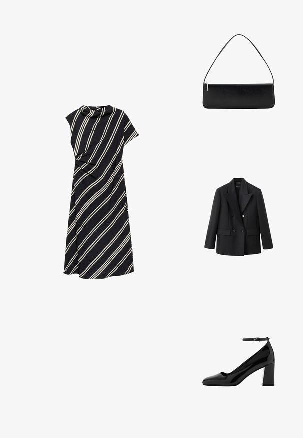 Schwarzer doppelt geknöpfter Blazer mit Reverskragen, zwei Fronttaschen, strukturierter Gestaltung und glatter Stofftextur.; Schwarzes Kleid mit weißen diagonalen Streifen, das einen drapierten Ausschnitt und kurze Ärmel hat, gefertigt aus einem weichen, strukturierten Stoff.; Schwarzer Lackleder-Pumps mit quadratischer Spitze, Knöchelriemen und breitem Blockabsatz, mit glänzendem Finish und glatter Textur.; Schwarze rechteckige Umhängetasche mit einem einzelnen Träger und einem silbernen Reißverschluss entlang der oberen Kante, vor weißem Hintergrund.