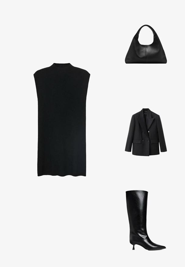 Zwarte double-breasted blazer met een notched revers, twee voorzakken, gestructureerd ontwerp en een gladde stoftextuur.; Zwarte mouwloze tuniek met een hoge halslijn, zachte stof, losse pasvorm en een rechte silhouette. De zoom is aan de onderkant licht gebogen.; Zwarte leren laars tot de knie met een puntige neus, slank silhouet en een lage blokhak met een glanzende afwerking.; Zwarte handtas van getextureerd leer met brede basis en dikke afgeronde handgrepen, met een centrale verticale naad en subtiele stikdetails.