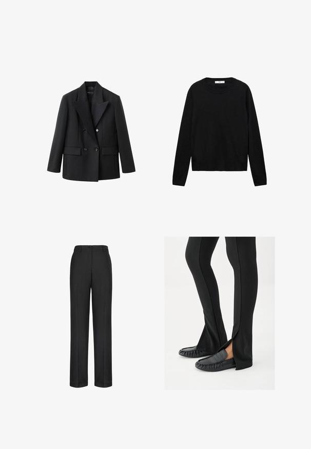 Sort dobbeltbrystet blazer med en indhakskrave, to frontlommer, struktureret design og glat stoftekstur.; Sort langærmet sweater lavet af blødt materiale med rund hals og ribbede manchetter, med et enkelt og lige snit design.; Mørkegrå skræddersyede bukser med lige ben, der har en enkelt knaplukning og subtile lodrette striber i stofstrukturen.; Ben iført sorte flagrende bukser med sideslids, kombineret med sorte lædermoccasins på en hvid baggrund.