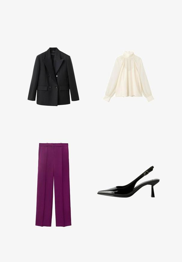 Black double-breasted blazer with a notched lapel, two front pockets, structured design, and smooth fabric texture.; Off-white long-sleeve blouse with high neck, gathered yoke, loose fit, buttoned cuffs, and back zipper closure.; Purple wide-leg trousers made from smooth fabric, featuring a tailored waistband and two front pleats for added structure.; Black patent leather slingback pump with a pointed toe, cutout sides, adjustable ankle strap, and a thin, sleek heel.