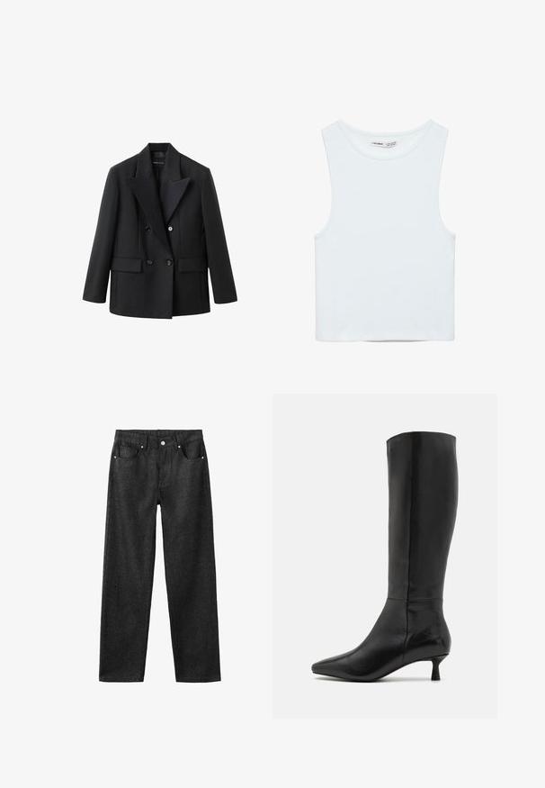 Schwarzer doppelt geknöpfter Blazer mit Reverskragen, zwei Fronttaschen, strukturierter Gestaltung und glatter Stofftextur.; Weißes ärmelloses Crop-Top mit rundem Ausschnitt, aus glattem Stoff, mit dem Label Pull&Bear, geeignet für den Alltag.; Schwarze Jeans mit geradem Bein, fünf Taschen, silberner Hardware und glatter Textur.; Zign Stiefel - black