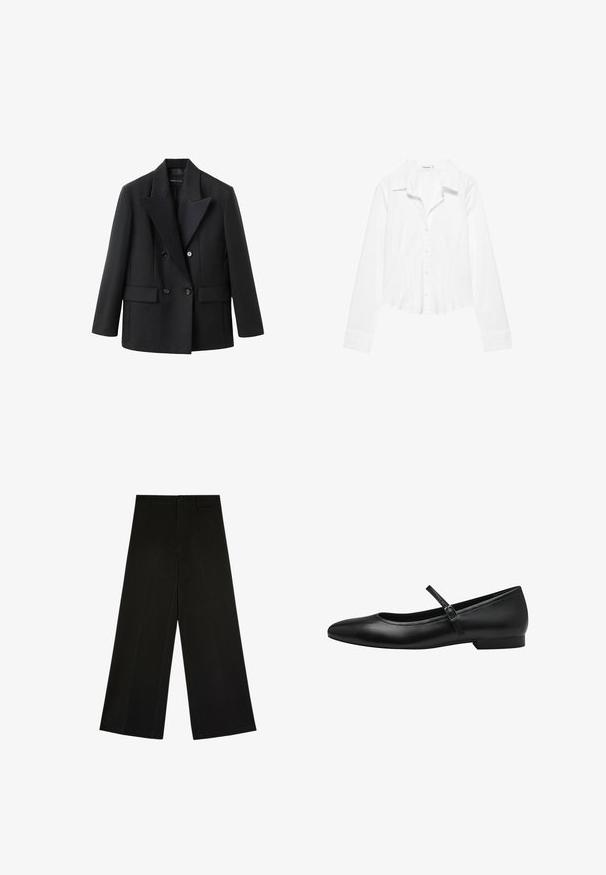 Sort dobbeltbrystet blazer med en indhakskrave, to frontlommer, struktureret design og glat stoftekstur.; Hvid skjorte med lange ærmer, krave, let figursyet talje og manchetter med knapper, vist på en hvid baggrund.; Sorte bukser med brede ben, knap- og lynlåslukning, bæltestropper og frontfolder, lagt fladt på en hvid baggrund.; Sorte læder balletflade med rund tå, en enkelt rem over vristen og en lav, rektangulær hæl. Glat tekstur.