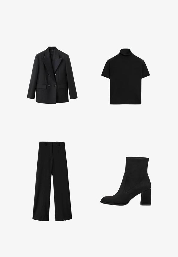 Schwarzer doppelt geknöpfter Blazer mit Reverskragen, zwei Fronttaschen, strukturierter Gestaltung und glatter Stofftextur.; Schwarzes kurzärmeliges Rollkragenoberteil mit lockerem Sitz und schlichtem Design auf weißem Hintergrund.; Schwarze, weit geschnittene Hose aus glattem Stoff mit einem strukturierten Bund und zwei vorderen Falten, die ein maßgeschneidertes Aussehen verleihen.; Schwarze Knöchelstiefel mit Blockabsatz, aus weichem Wildleder. Mit einer abgerundeten Zehe und glatten Seitenpaneelen mit detaillierter Naht.