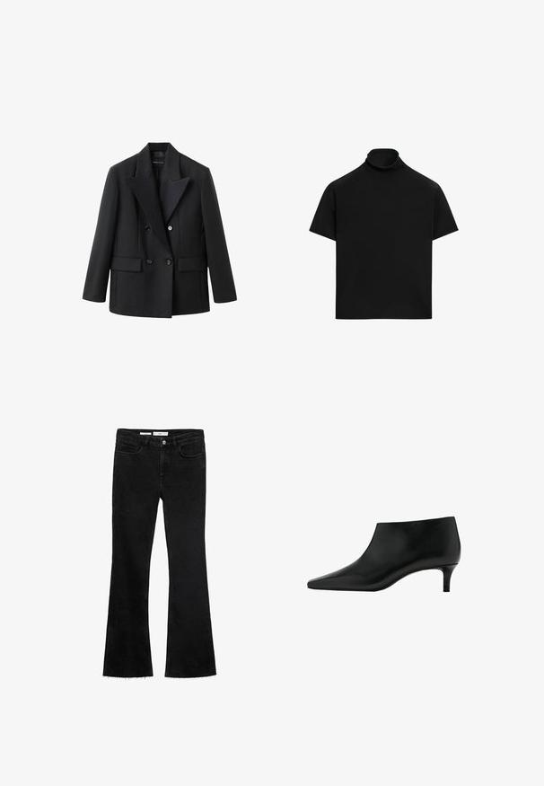 Sort dobbeltbrystet blazer med en indhakskrave, to frontlommer, struktureret design og glat stoftekstur.; Sort kortærmet rullekrave med løs pasform og ensfarvet design på hvid baggrund.; Sorte flared jeans i et blødt stof med en rå kant, der har to frontlommer og en knappelukning med lynlås.; Sort læderankelstøvle med spids tå og lavt kittenhæl, designet til elegant og formelt brug.