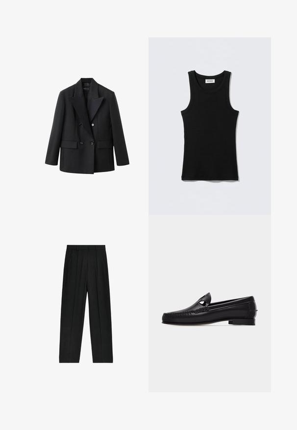 Sort dobbeltbrystet blazer med en indhakskrave, to frontlommer, struktureret design og glat stoftekstur.; Sort bomuldstop med rund halsudskæring og smalle stropper. Enkelt design uden mønstre eller detaljer.; Sorte, højtaljede bukser med lige ben-design, der har plisseringer og sidelommer, lavet af et letvægtsstof.; Sort læderloafer med rundet tå, udskåret detalje på overdelen, syning langs kanten og en lav blokhæl på hvid baggrund.