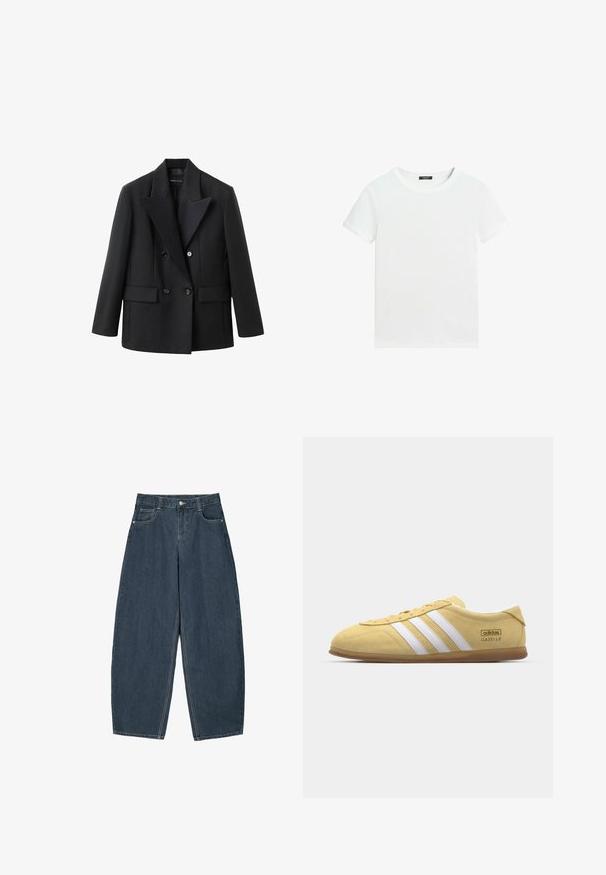 Sort dobbeltbrystet blazer med en indhakskrave, to frontlommer, struktureret design og glat stoftekstur.; Almindelig hvid T-shirt med korte ærmer, rund halsudskæring og lille sort label inden i kraven.; Mørkeblå denim buede bukser med høj talje, som har fem lommer og synlige stingdetaljer. Ren, minimalistik design.; adidas Originals GAZELLE LO PRO W - Sneakers - almost yellow/footwear white