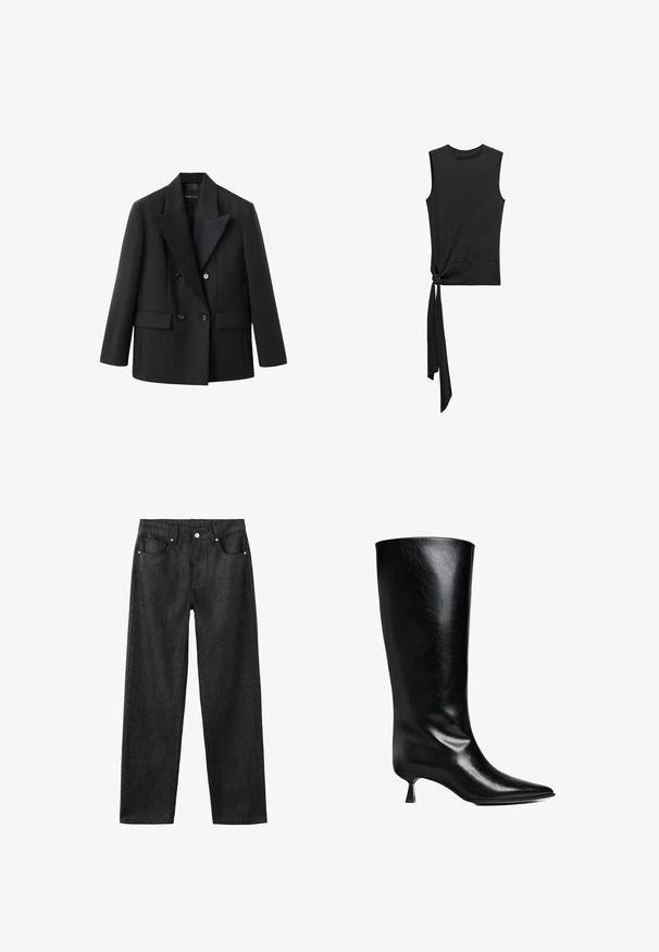 Sort dobbeltbrystet blazer med en indhakskrave, to frontlommer, struktureret design og glat stoftekstur.; Mango Top - black; Sorte denimbukser med lige ben, der har fem lommer, sølvhardware og en glat tekstur.; Sort læderknæhøje støvler med spidse tæer, slank silhuet og en lav blokhæl med en blank finish.