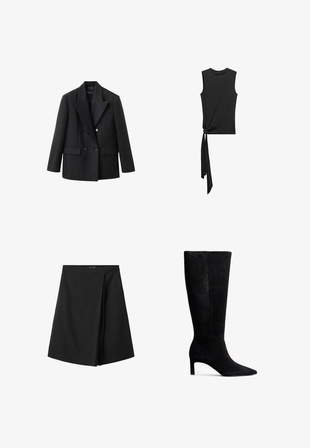 Zwarte double-breasted blazer met een notched revers, twee voorzakken, gestructureerd ontwerp en een gladde stoftextuur.; Mango Top - black; Zwarte rok tot op de knie met een rechte tailleband en een overlappend plooidetail aan de voorkant, afgebeeld op een witte achtergrond.; Zwarte suede kniehoog laars met een spitse neus en een slanke stiletto hak. Gladde textuur met een strak ontwerp en geen zichtbare hardware of accenten.