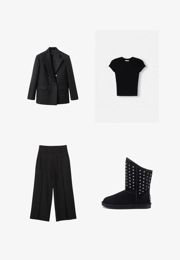 Sort dobbeltbrystet blazer med en indhakskrave, to frontlommer, struktureret design og glat stoftekstur.; Sort kortærmet t-shirt lavet af bomuld. Tætsiddende design, rund hals og glat tekstur. Ingen mønstre eller ekstra hardware synligt.; Sorte vide bens cropped bukser med bæltestropper og forreste plisseringer, lavet af et glat stof for et skræddersyet udseende.; Sorte ruskinds støvler til midten af læggen med dekorative sølvnitter langs skaftet, flad gummisål og quiltede detaljer. Foret inderside til varme.
